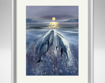 Humpback Whale Print with Moon - Watercolor Painting, Whale Family Art Decor for Home