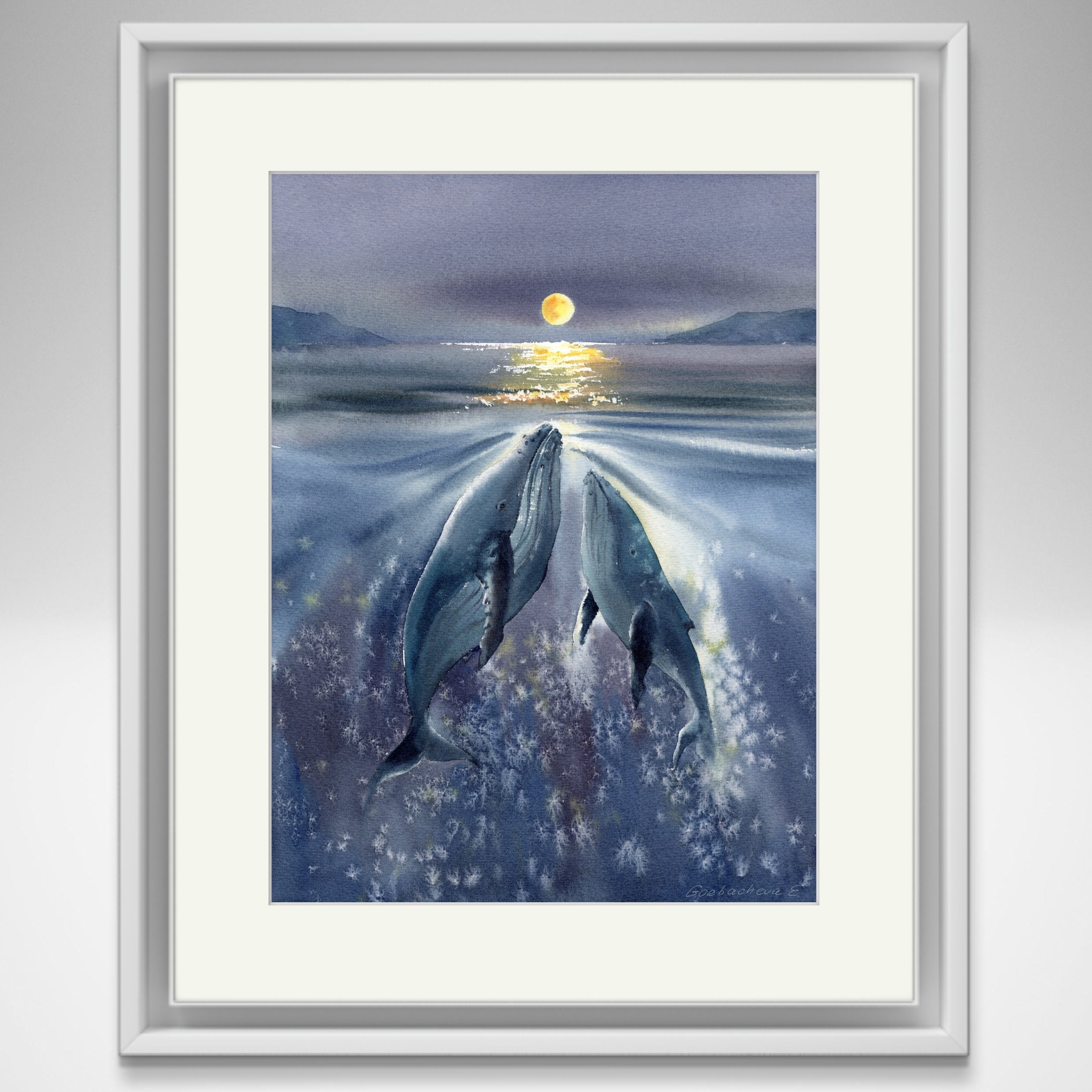 月とザトウクジラのプリント - 水彩画、クジラの家族アート、自宅用