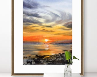 オレンジ色の夕日の沿岸ヨットの水彩画 | オリジナルアート 9 x 12