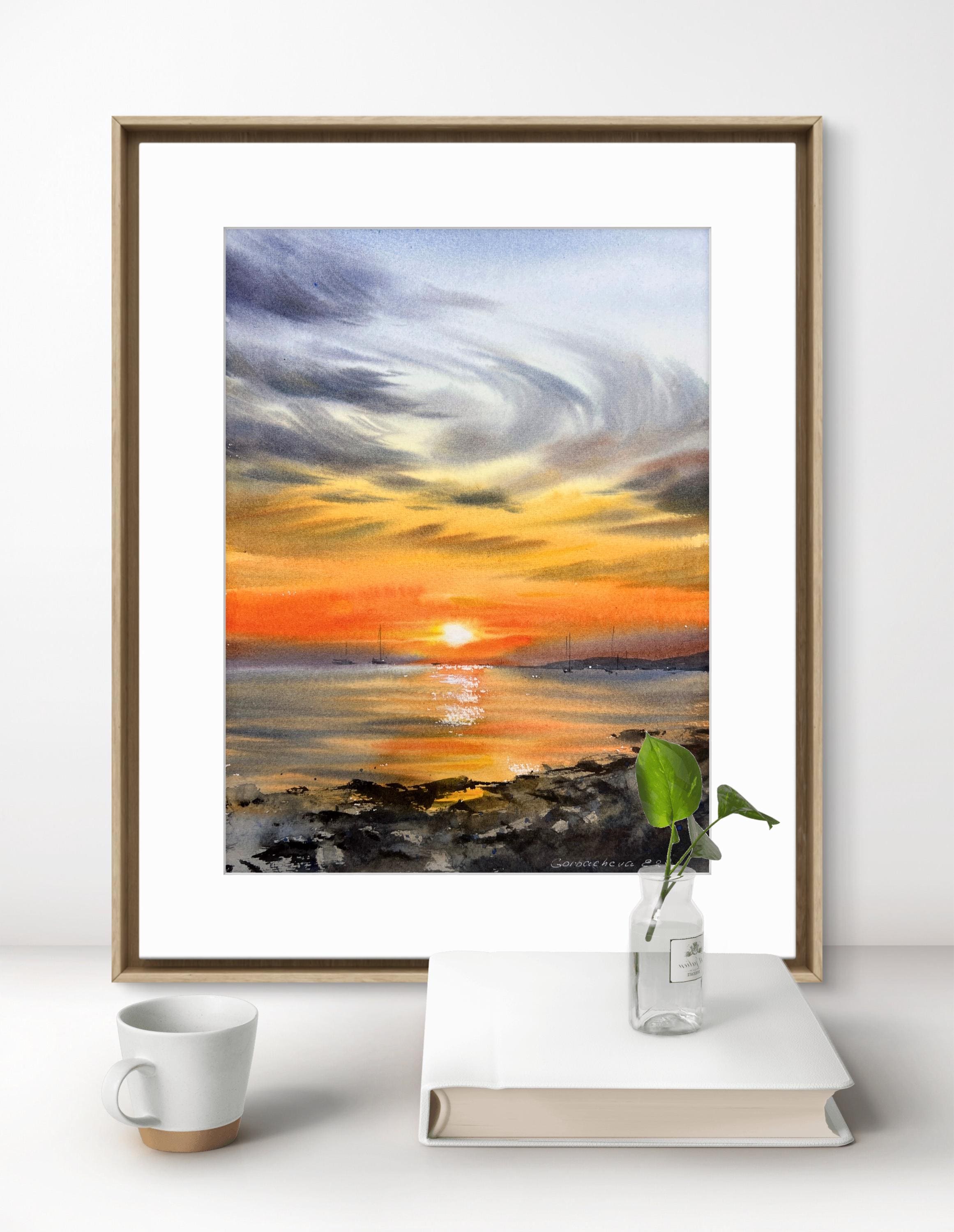 Orange Sunset Coastal Yachts Watercolor Painting | Original Art