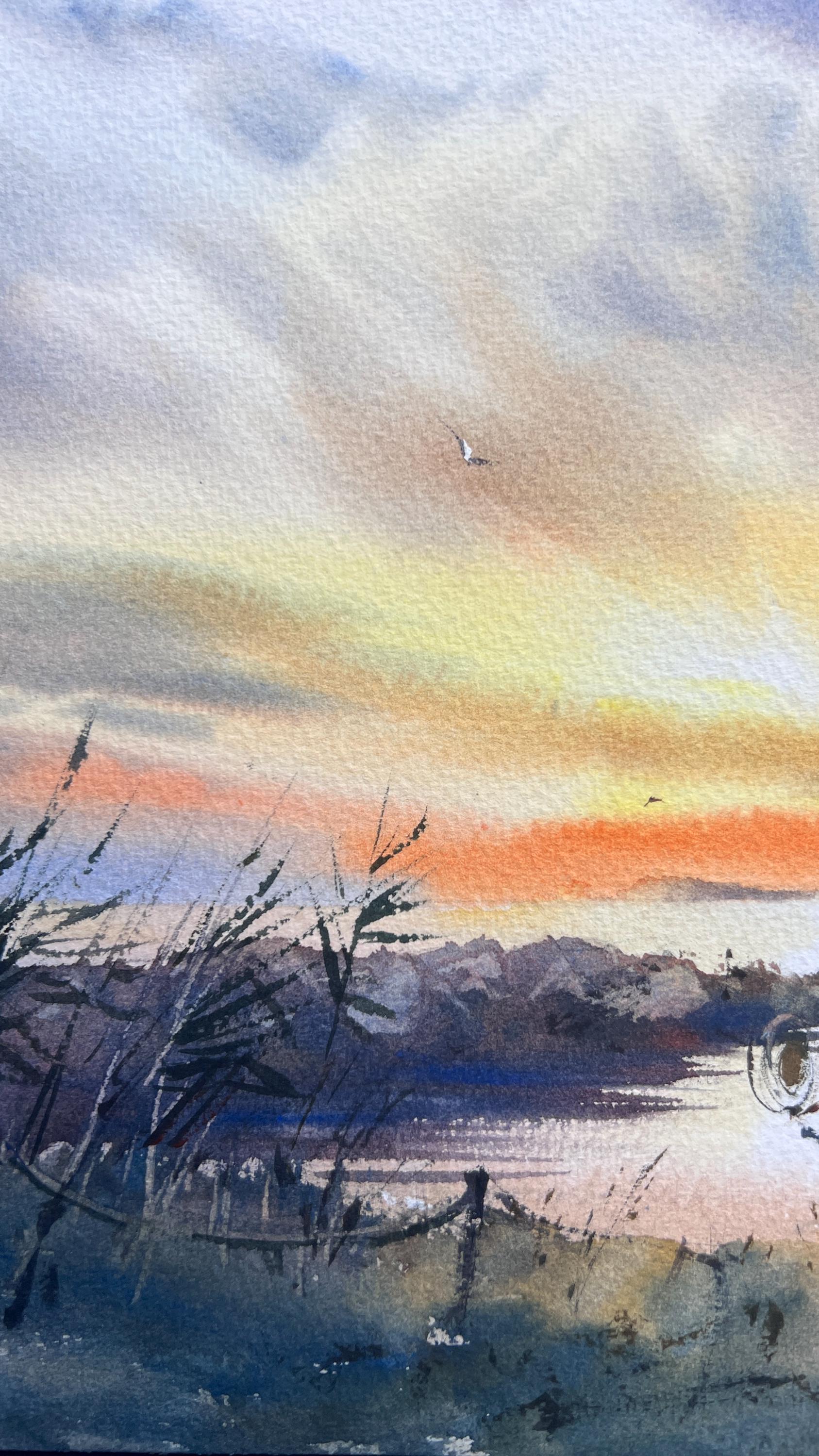 漁船桟橋の水彩画 - 黄色い夕焼けの風景 - オリジナル絵画 - Etsy 日本