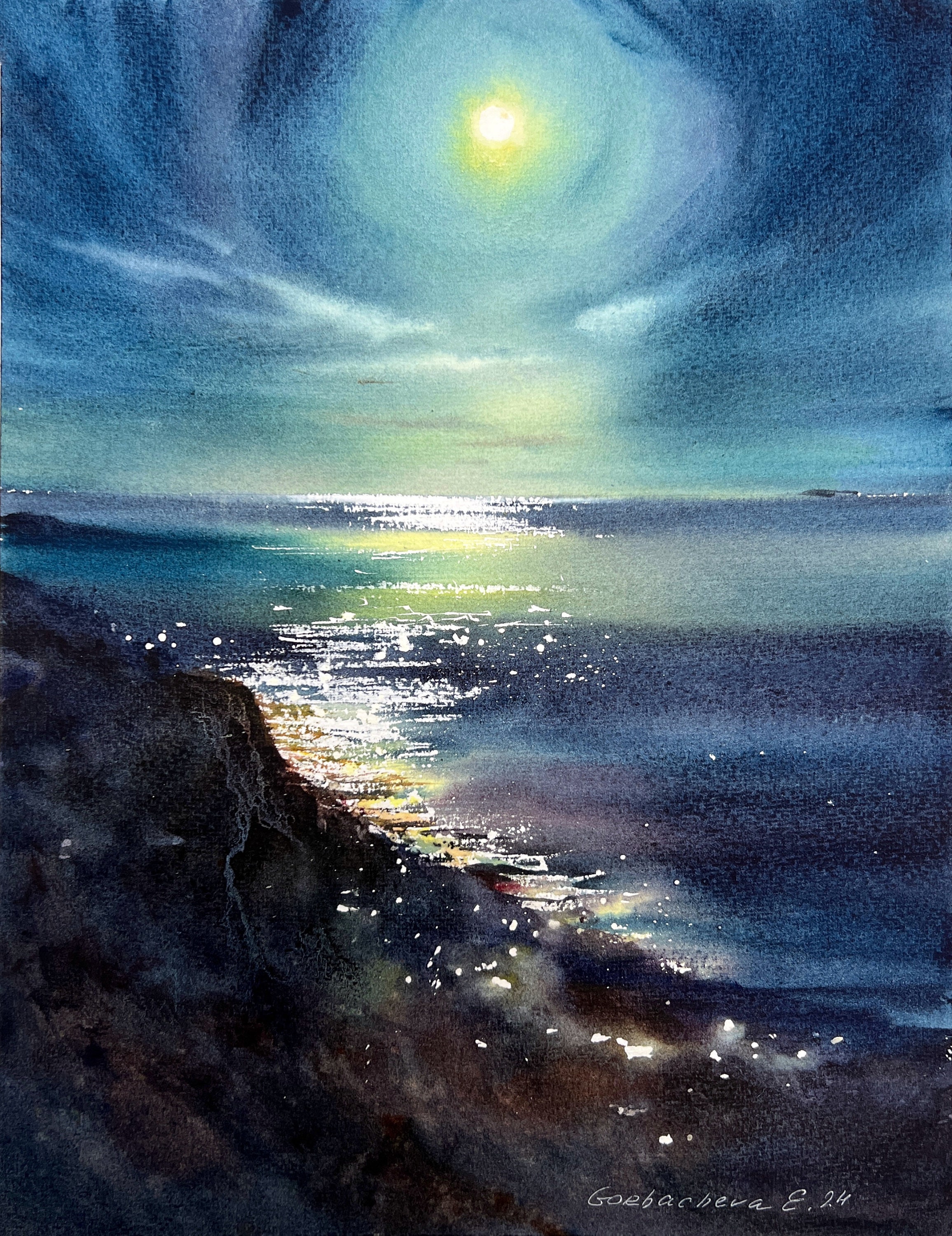 オリジナル水彩画「月光 #12」 - 夜空、満月、海面反射 - Etsy 日本