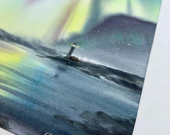 オリジナル水彩画「オーロラの絵画：灯台の冬の風景」8x12インチの