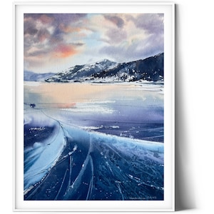 Original Watercolor Painting of Frozen Baikal Lake | Winter Landscape Art | Blue Ice Theme