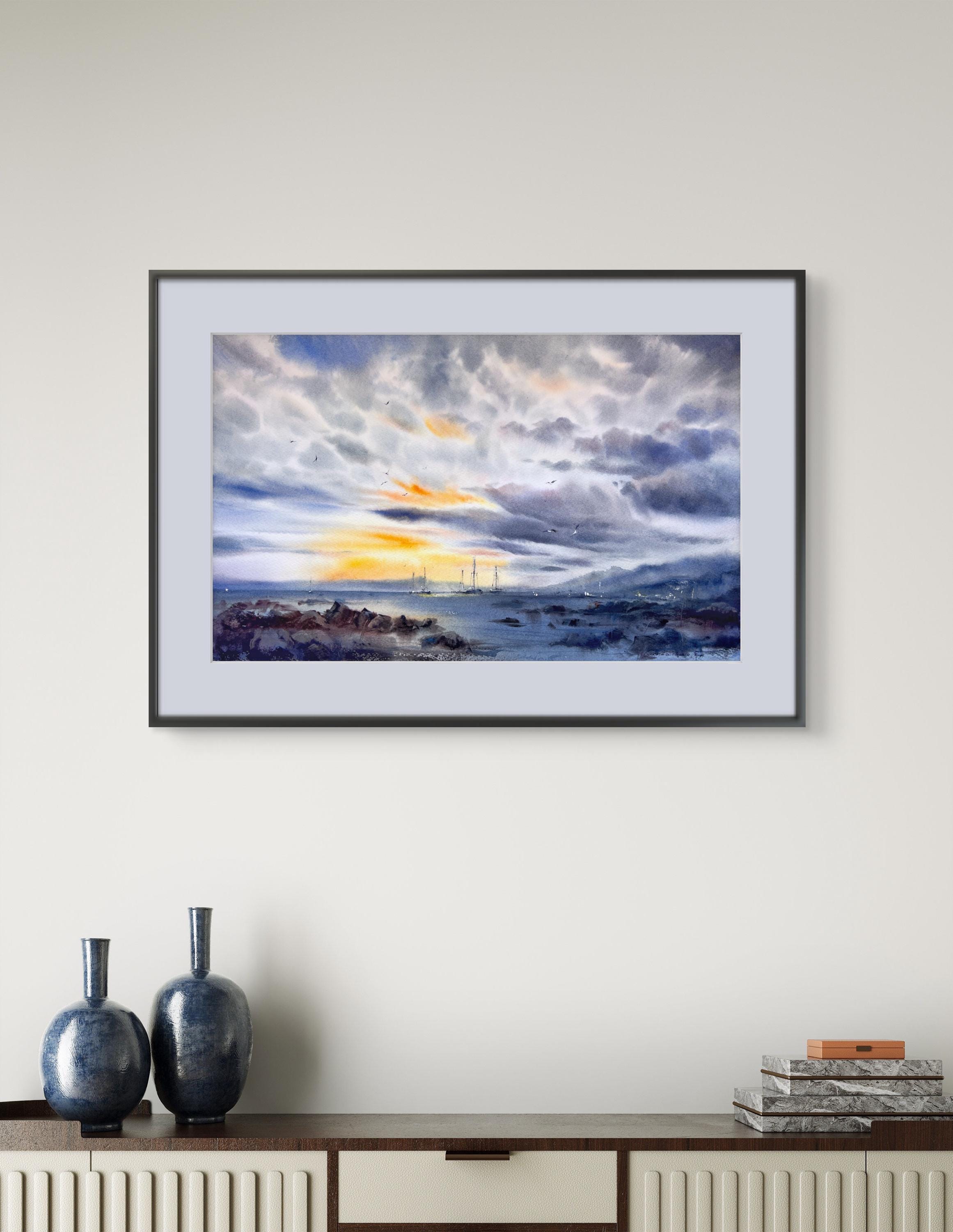 静かな海の水彩画と雲の絵画、ビーチハウス用の海岸沿いの壁アート、22
