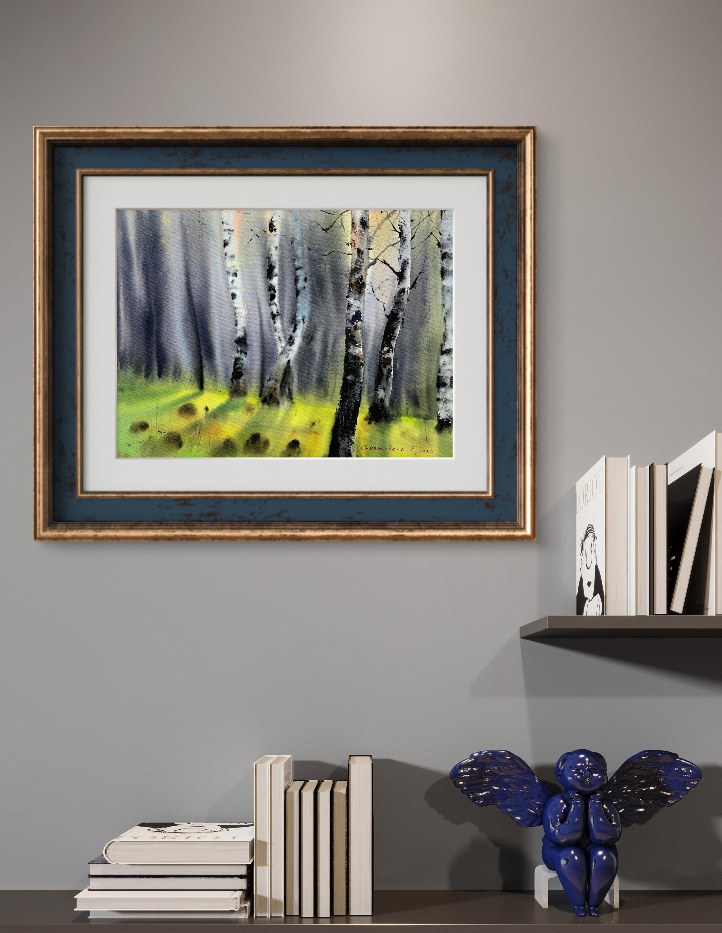 鮮やかな白樺の風景画 - 夏の森の水彩画、自然の壁アート - Etsy 日本