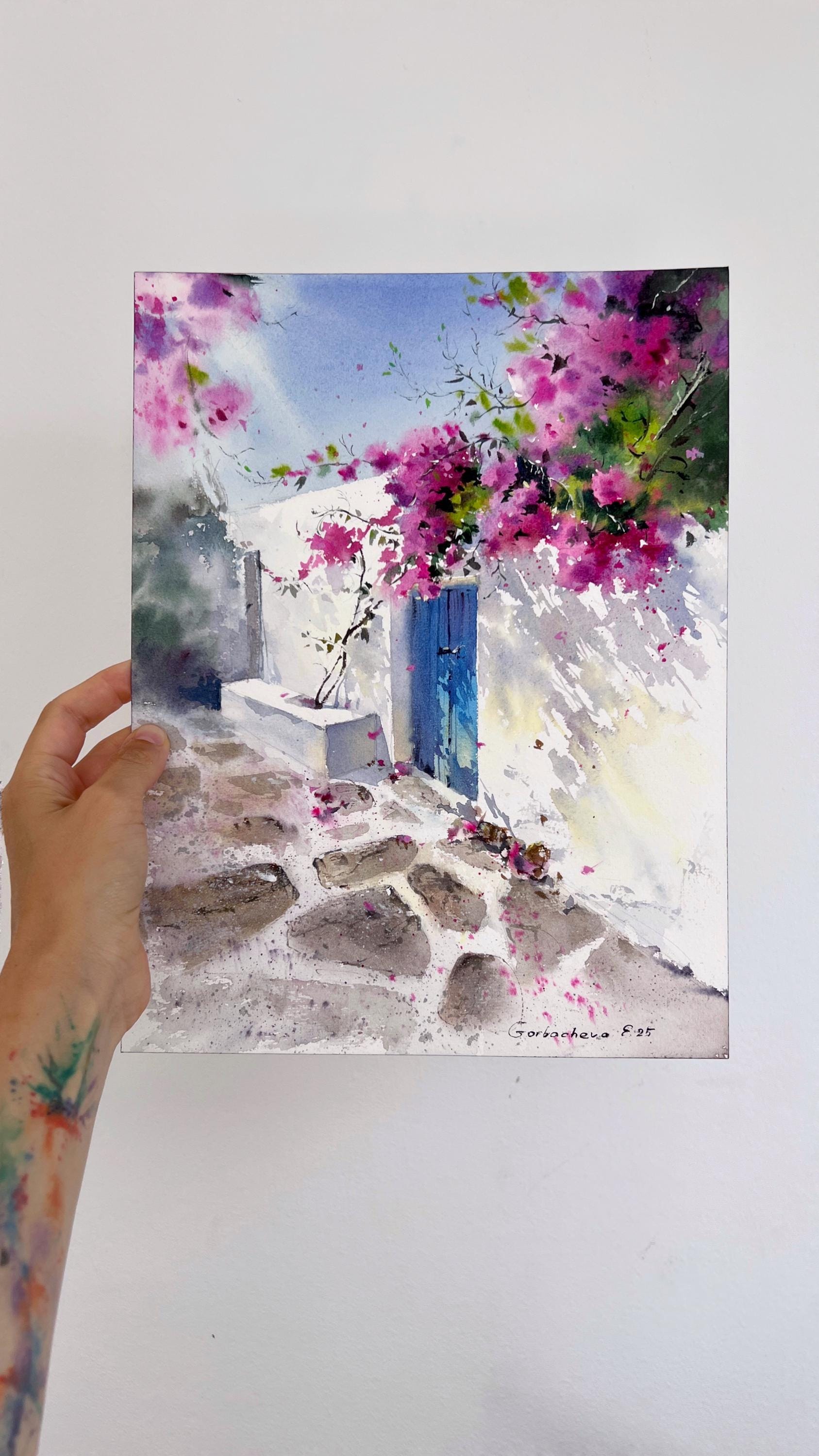 オリジナル小水彩画：ブーゲンビリアが咲き誇る地中海の街