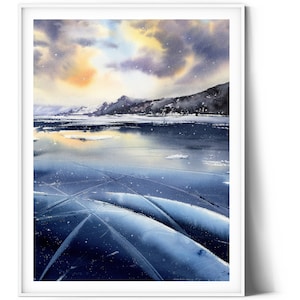 Frozen Lake Art Print - Watercolor Baikal Painting, Winter Nature Wall Art