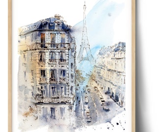 Eiffel Tower Art Print, Parisian Street Watercolor, Montmartre Architecture Decor, Romantic Parisian Gift