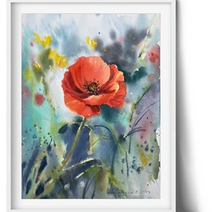 Red Poppy Flower Watercolor Painting, Original Artwork, Botanical Floral Abstract, Gift, 12x9"