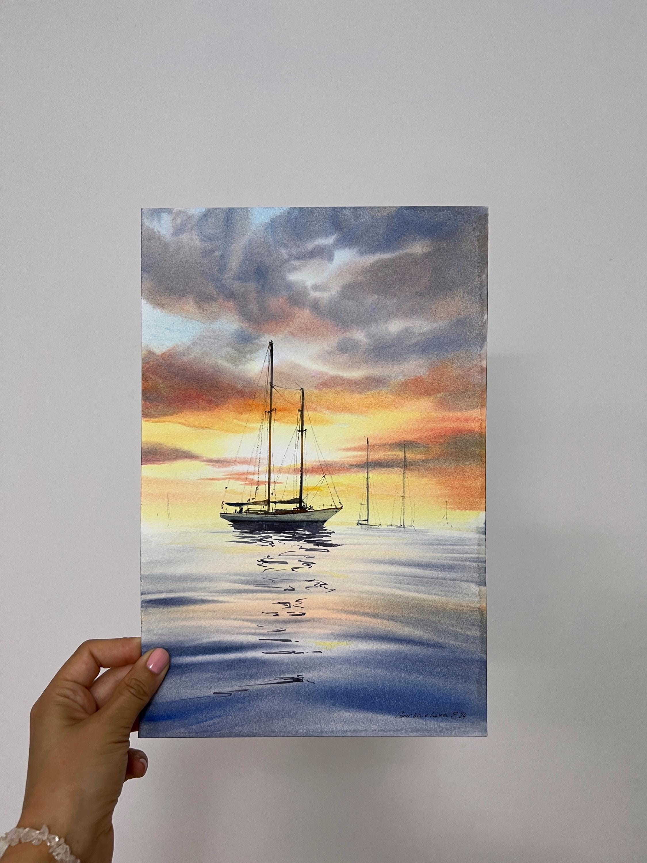 オリジナルの海景水彩画：夕暮れのヨット、航海をテーマにした
