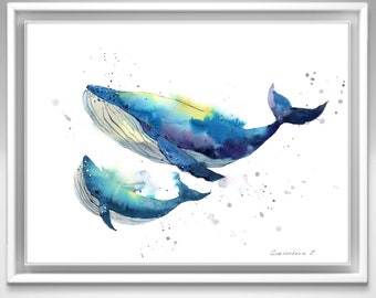 Ocean Nursery Wall Art - Mom and Baby Humpback Whale Print in Watercolor