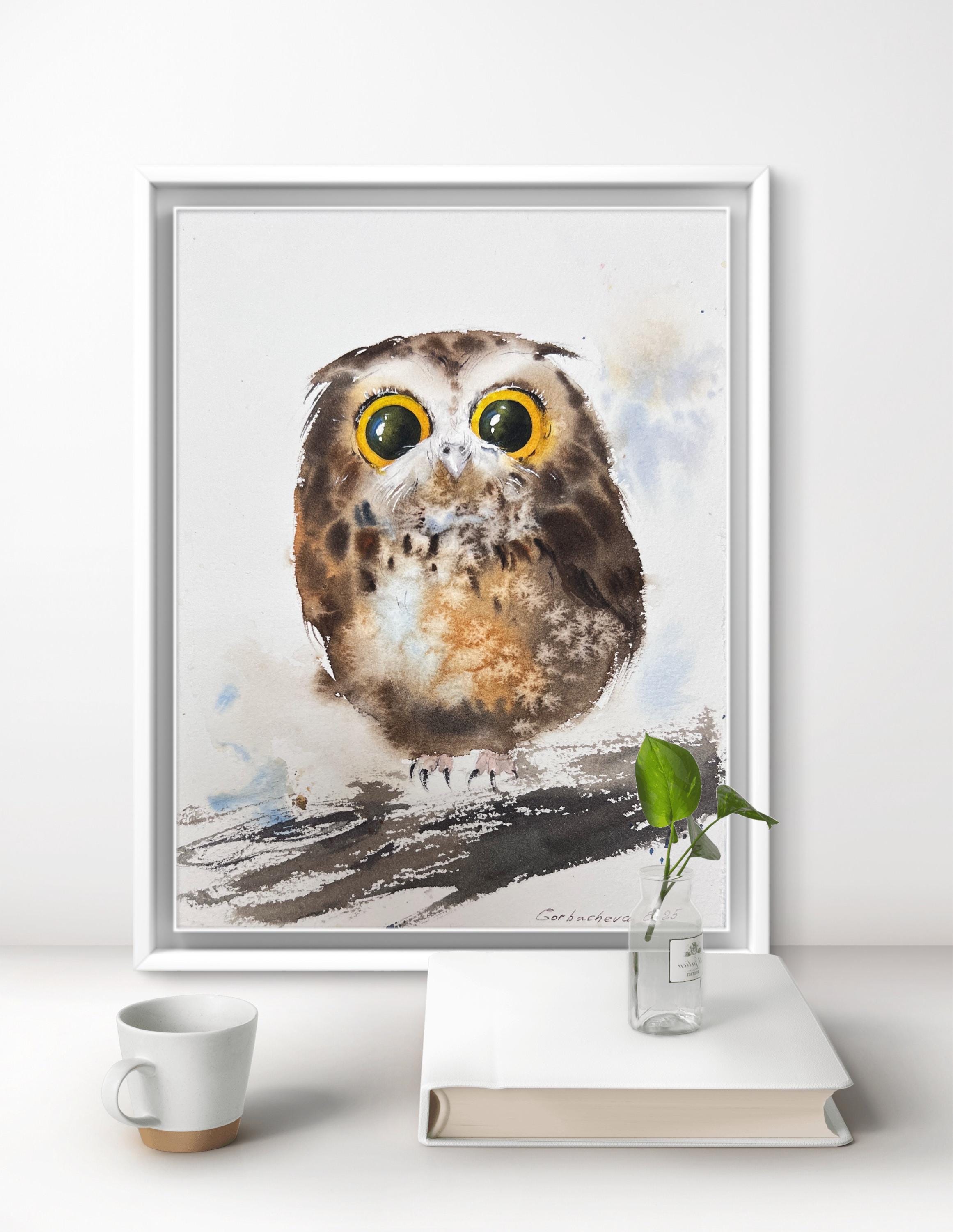 Original Watercolor Baby Owl Painting, Amber-Eyed Owlet Art (8x10 in)