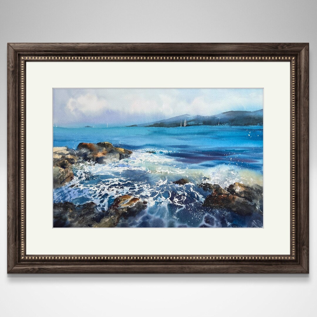 オリジナル海景水彩画：海岸沿いのビーチハウスアート（22 x 15インチ