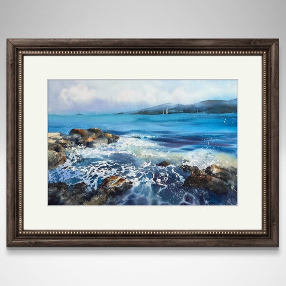 オリジナル海景水彩画：海岸沿いのビーチハウスアート（22 x 15インチ