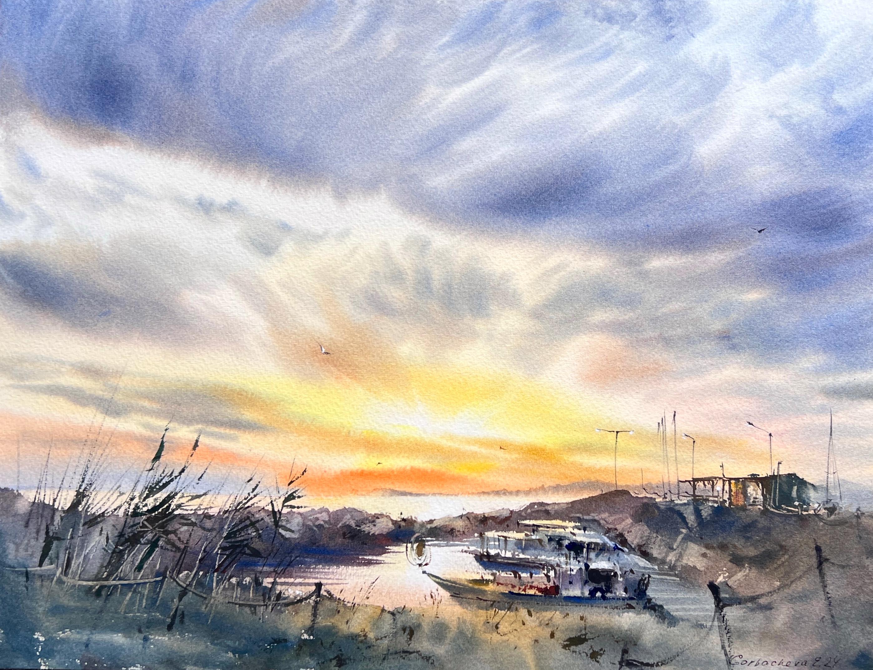 漁船桟橋の水彩画 - 黄色い夕焼けの風景 - オリジナル絵画 - Etsy 日本