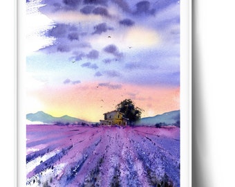 Impresión artística en acuarela de un campo de lavanda francesa: decoración provenzal