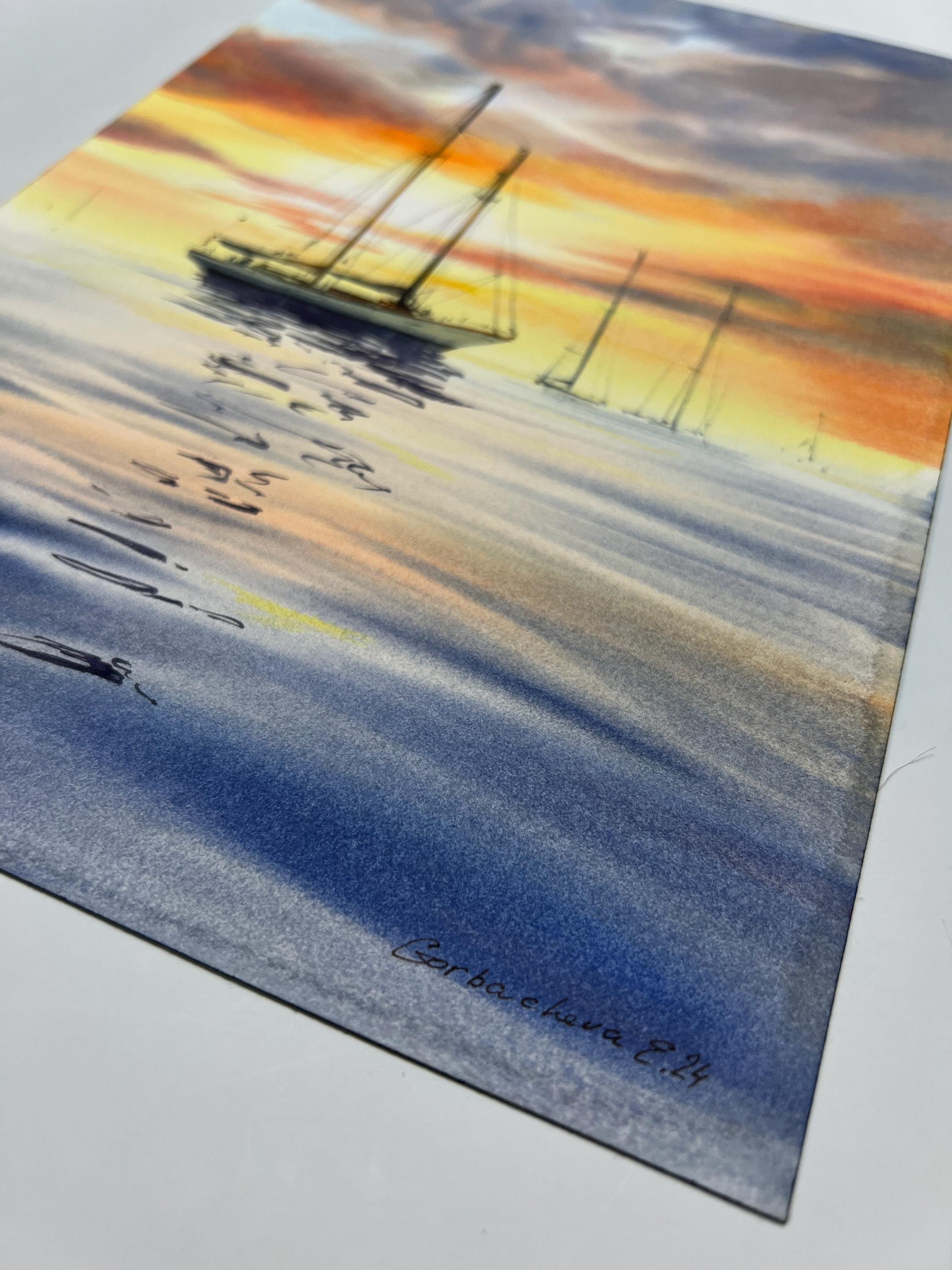 オリジナルの海景水彩画：夕暮れのヨット、航海をテーマにした