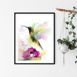 Hummingbird and Flower Watercolor Print, Tropical Bird Art, Fine Art Wall Decor