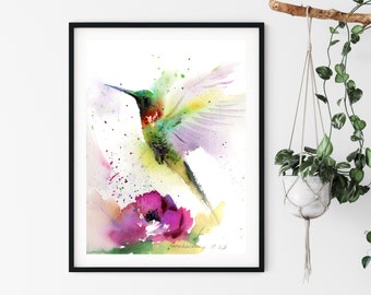 Impresión de acuarela de colibrí y flor, arte de aves tropicales, decoración de pared de bellas artes