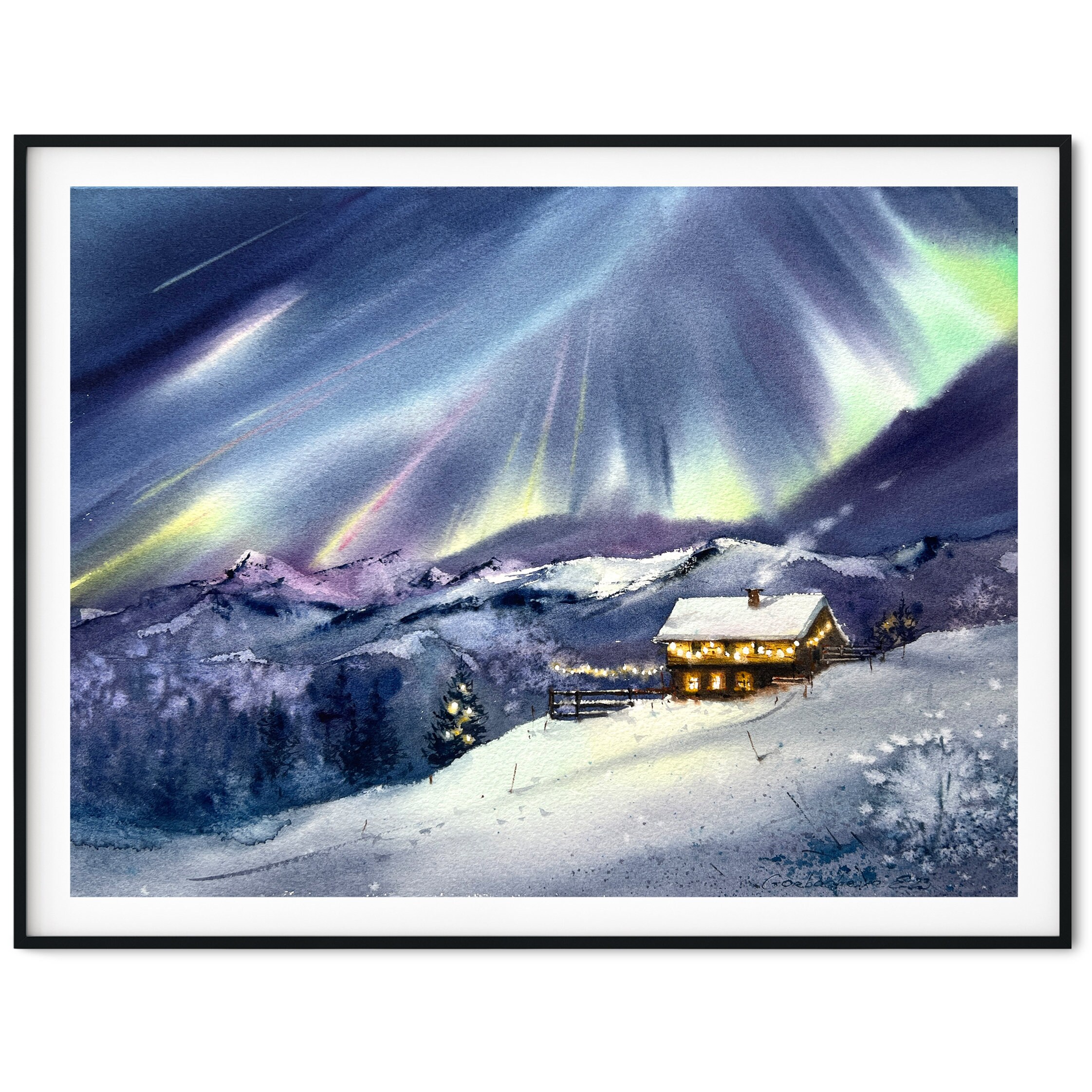 オリジナル水彩画「オーロラの絵画：冬の森の北欧の風景」 - Etsy 日本