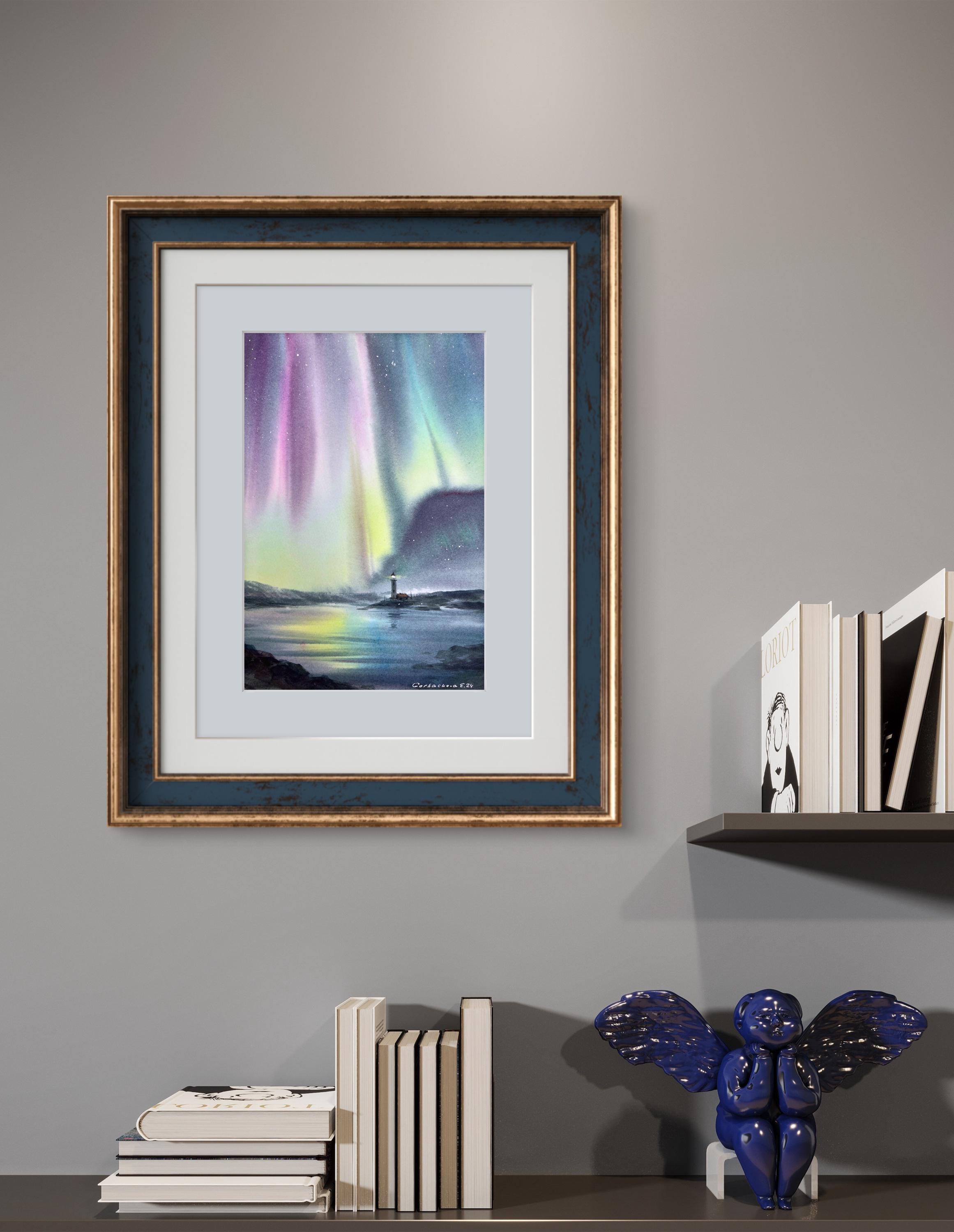 オリジナル水彩画「オーロラの絵画：灯台の冬の風景」8x12インチの