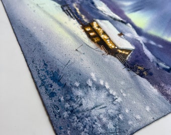 オリジナル水彩画「オーロラの絵画：冬の森の北欧の風景」 - Etsy 日本