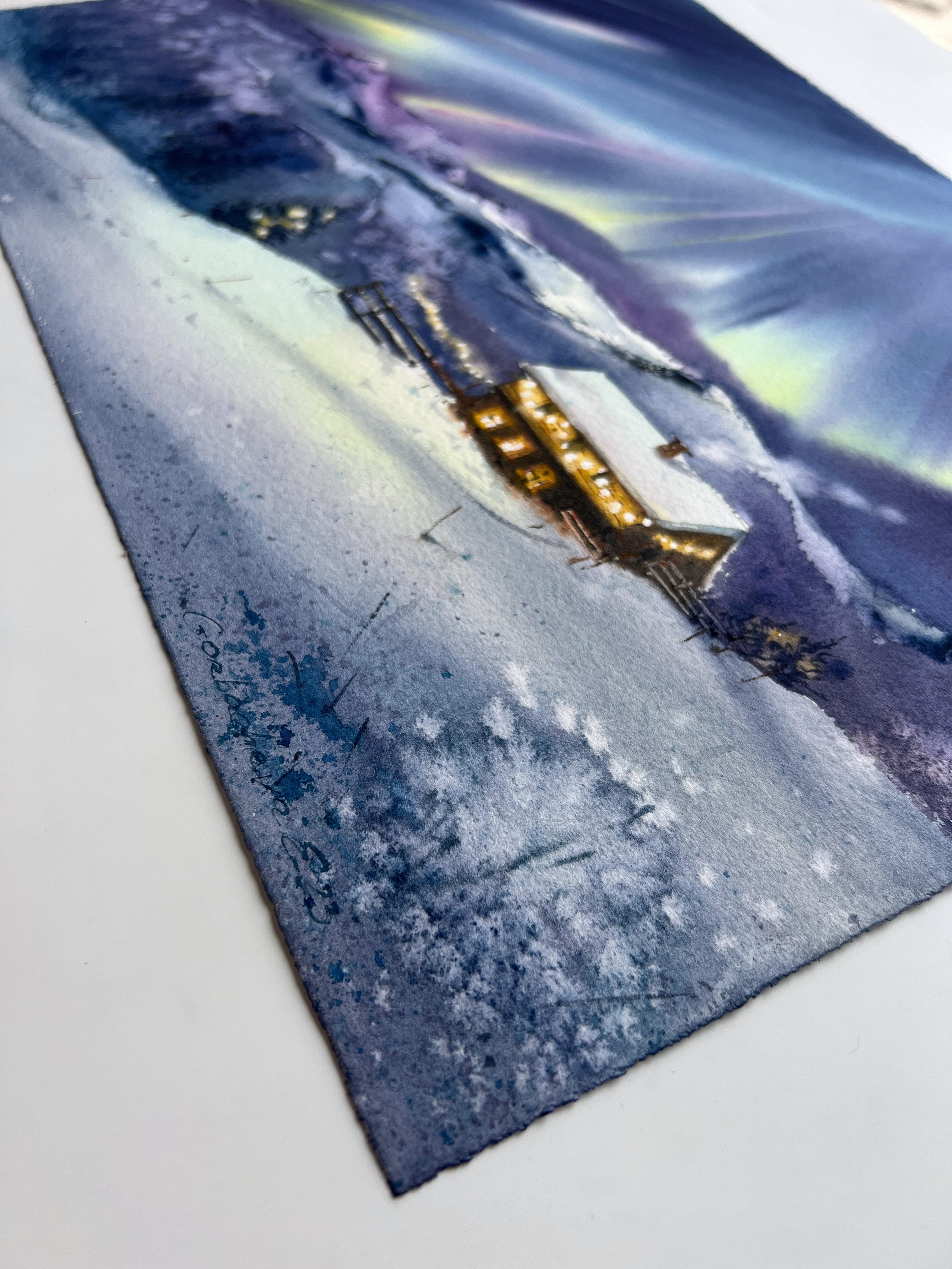 オリジナル水彩画「オーロラの絵画：冬の森の北欧の風景」 - Etsy 日本