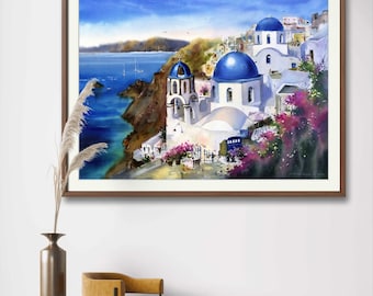 Impresión artística de la isla de Santorini: acuarela de la costa griega