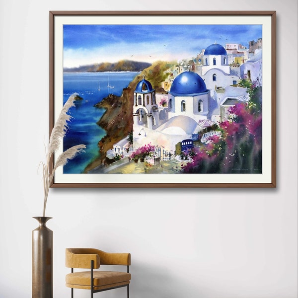 Santorini Island Art Print, Greece Painting, Sea Bedroom Wall Decor, Watercolor Coastal Artwork, Travel Home Decoration