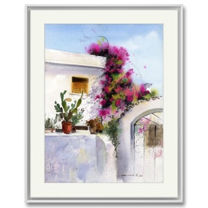 Vibrant Bougainvillea Art Print - Greek Architecture & Pink Flower Wall Decor