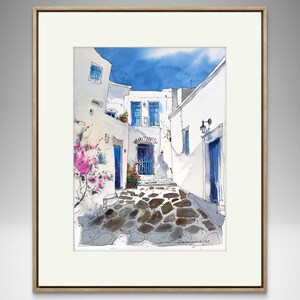 Piccolo dipinto ad acquerello di arte mediterranea, affascinante porta blu con fiori, perfetto per la decorazione della casa, regalo premuroso per i viaggiatori