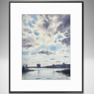 オリジナル水彩風景画：曇り空の田園風景画（12 x 16インチ） - Etsy 日本