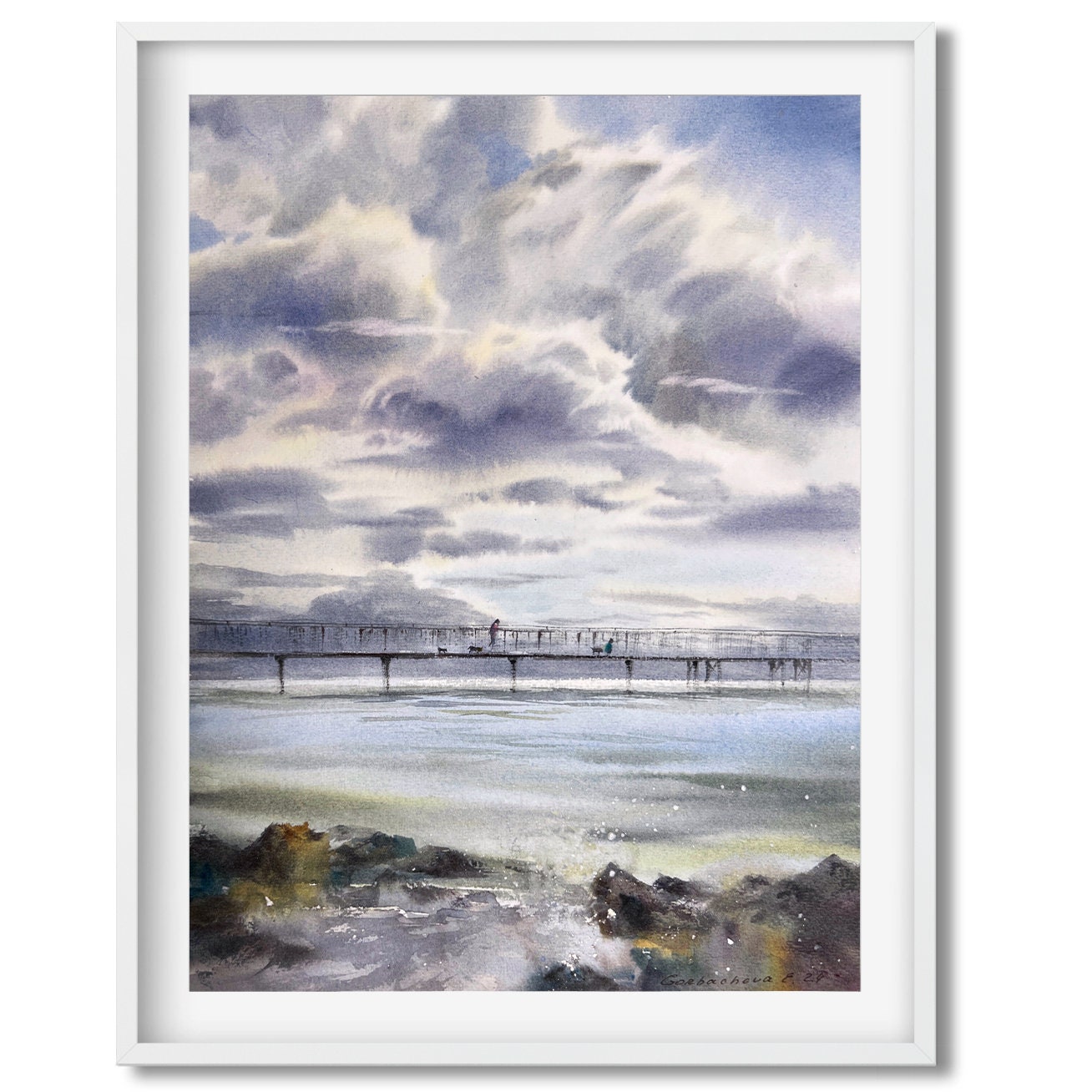 Ocean Breeze: Hand-painted Watercolor of People Walking Dog on Sea