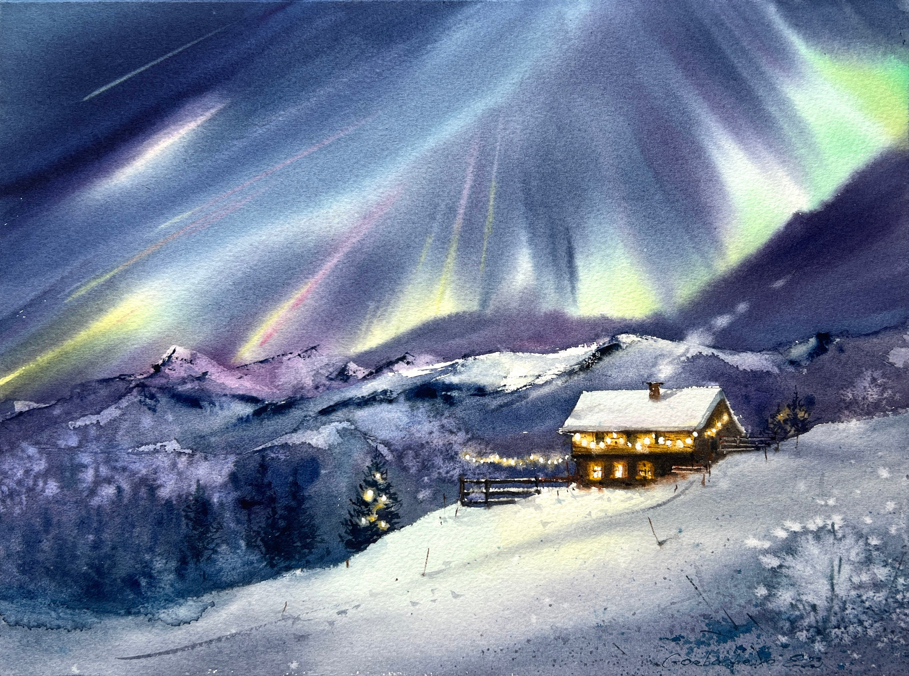 オリジナル水彩画「オーロラの絵画：冬の森の北欧の風景」 - Etsy 日本