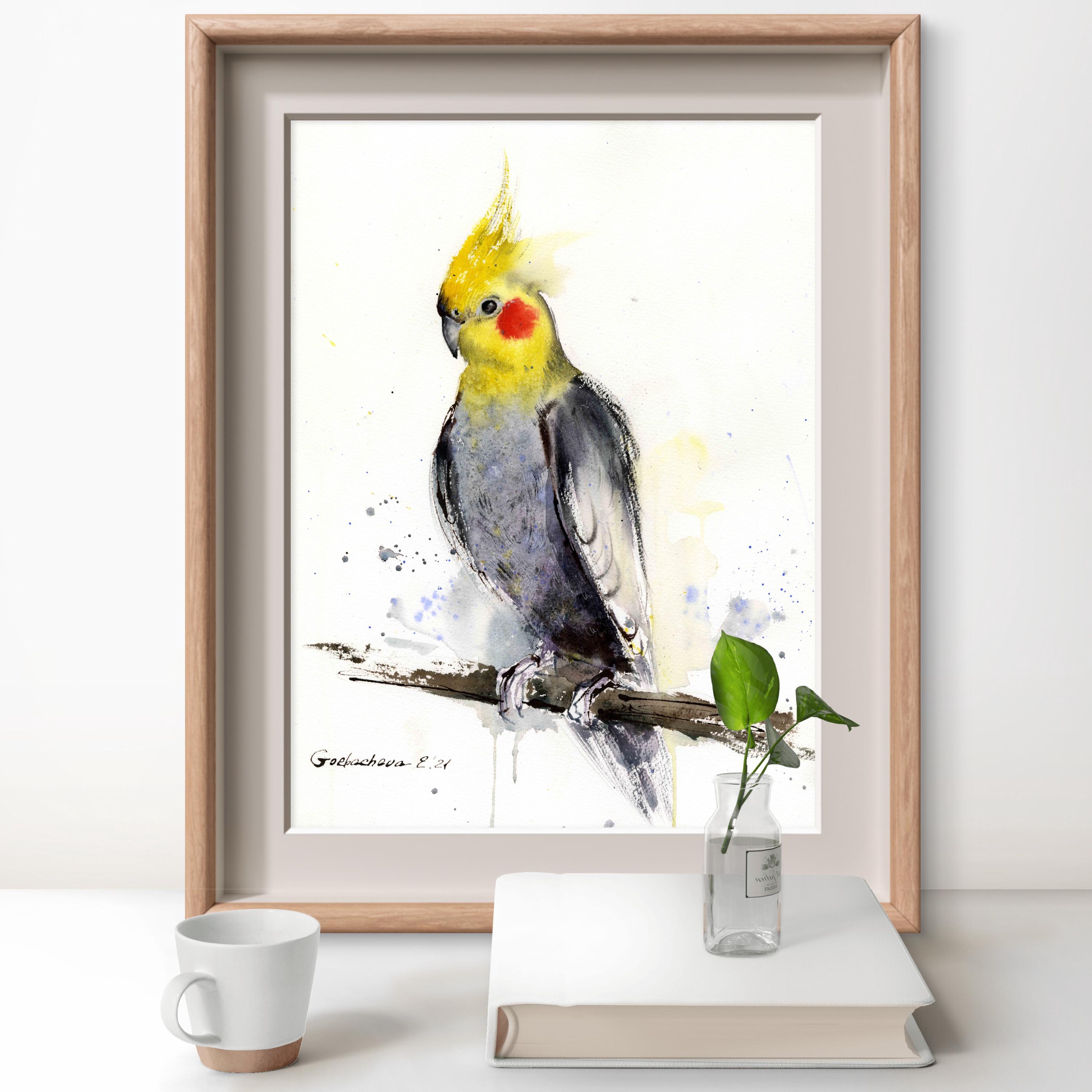 鮮やかなオウムの水彩画、オリジナルのエキゾチックな鳥のアート