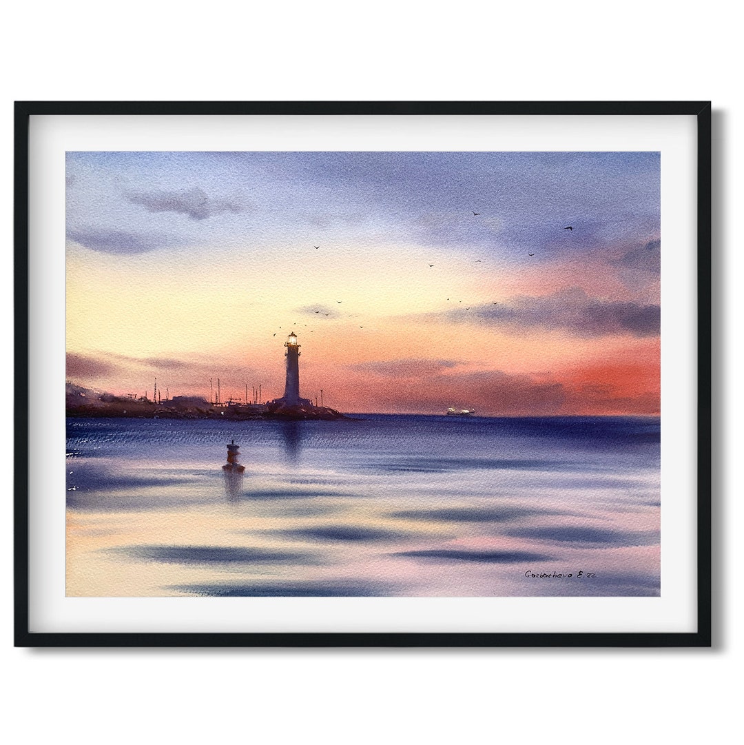 Lighthouse Painting Watercolor Original, Coastal Living Room Decor ...