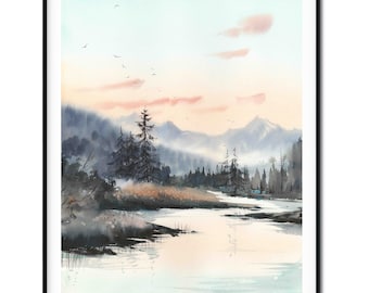 Pittura ad acquerello astratta di foresta e montagna, paesaggio colorato, arte della natura stampata, arte murale della camera da letto