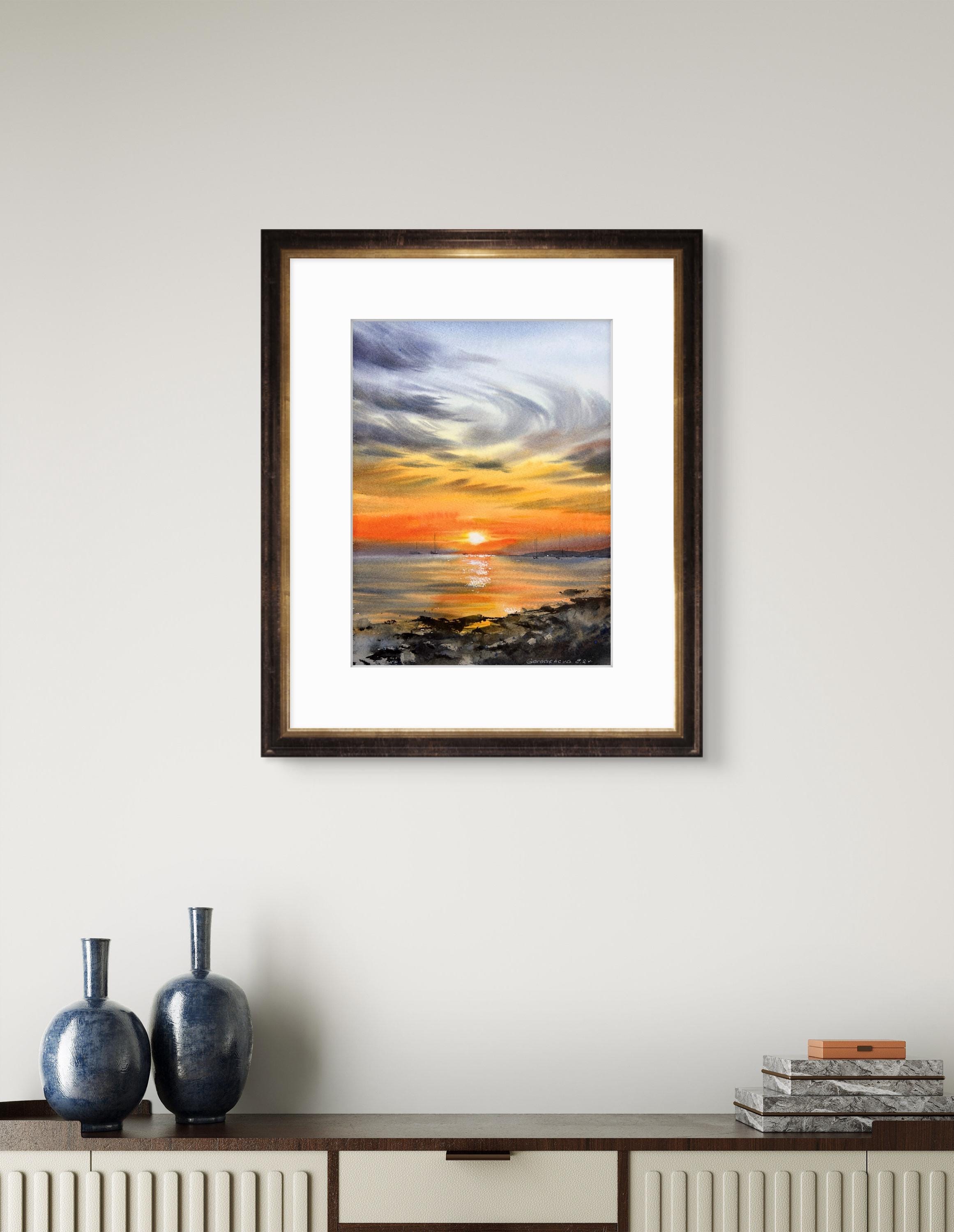 Orange Sunset Coastal Yachts Watercolor Painting | Original Art