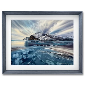 Gefrorener See / Gefrorener See Original Bild, Aquarell Winter Landschaft, Schneebedeckte Landschaft, Einzigartige Wandkunst