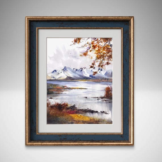 自然風景 掛軸 水彩画 水彩画で描かれた山と湖：秋の風景画（12 x 16インチ） - Etsy 日本