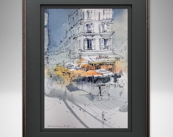 Parisian Street Scene Watercolor Original Watercolor - Paris Cafe Art