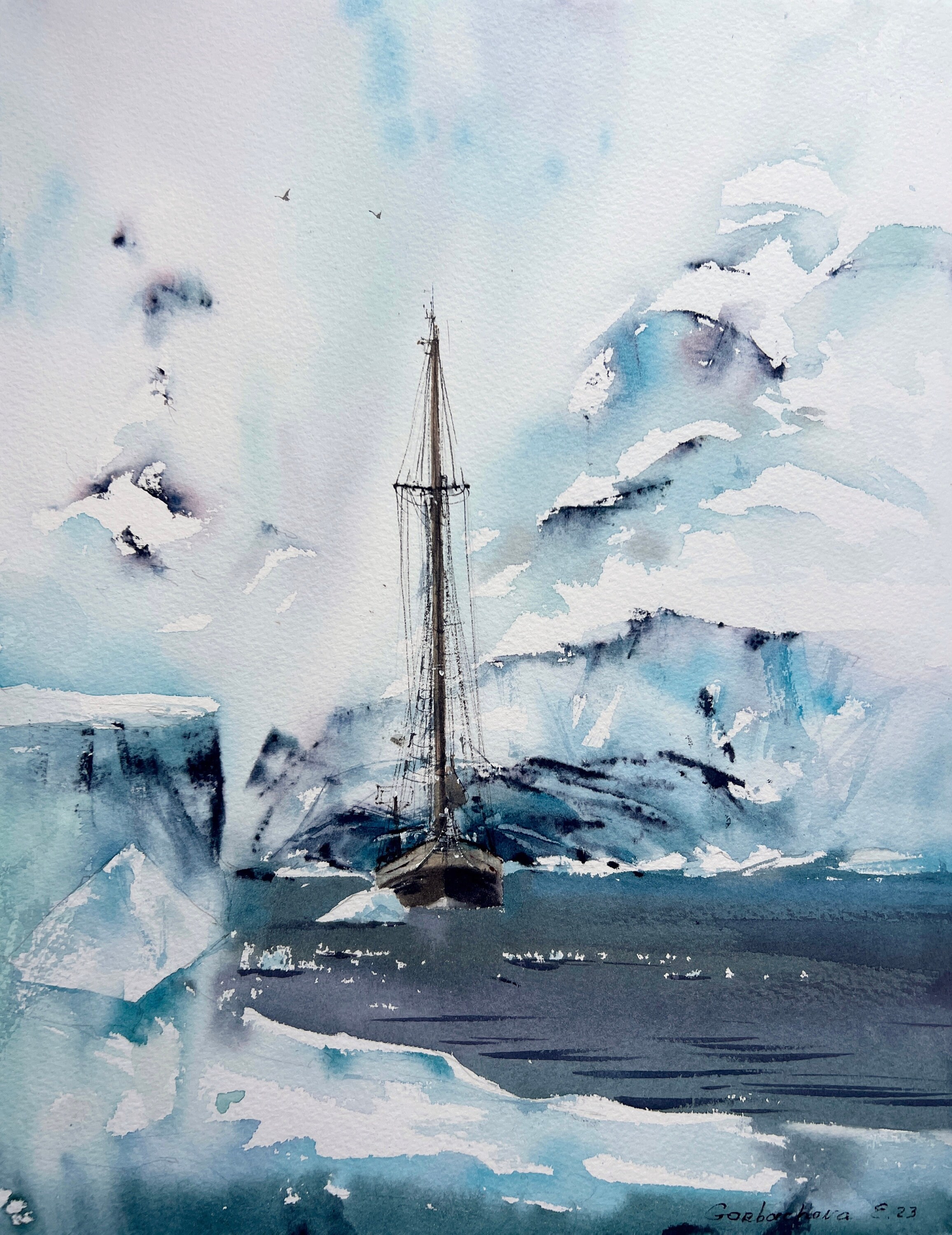 北極海の風景水彩画：グリーンランドの氷山アート（11 x 15インチ