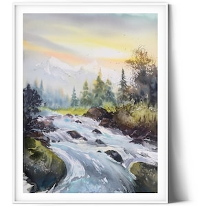 Dipinto originale ad acquerello della foresta, decorazione da parete di montagna, arte di pini, dipinto di paesaggi, paesaggio con fiume, regalo di avventura