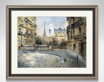 Kunstdruk met uitzicht op de Eiffeltoren - Avenue de Camoens, Parijse landschap aquarel