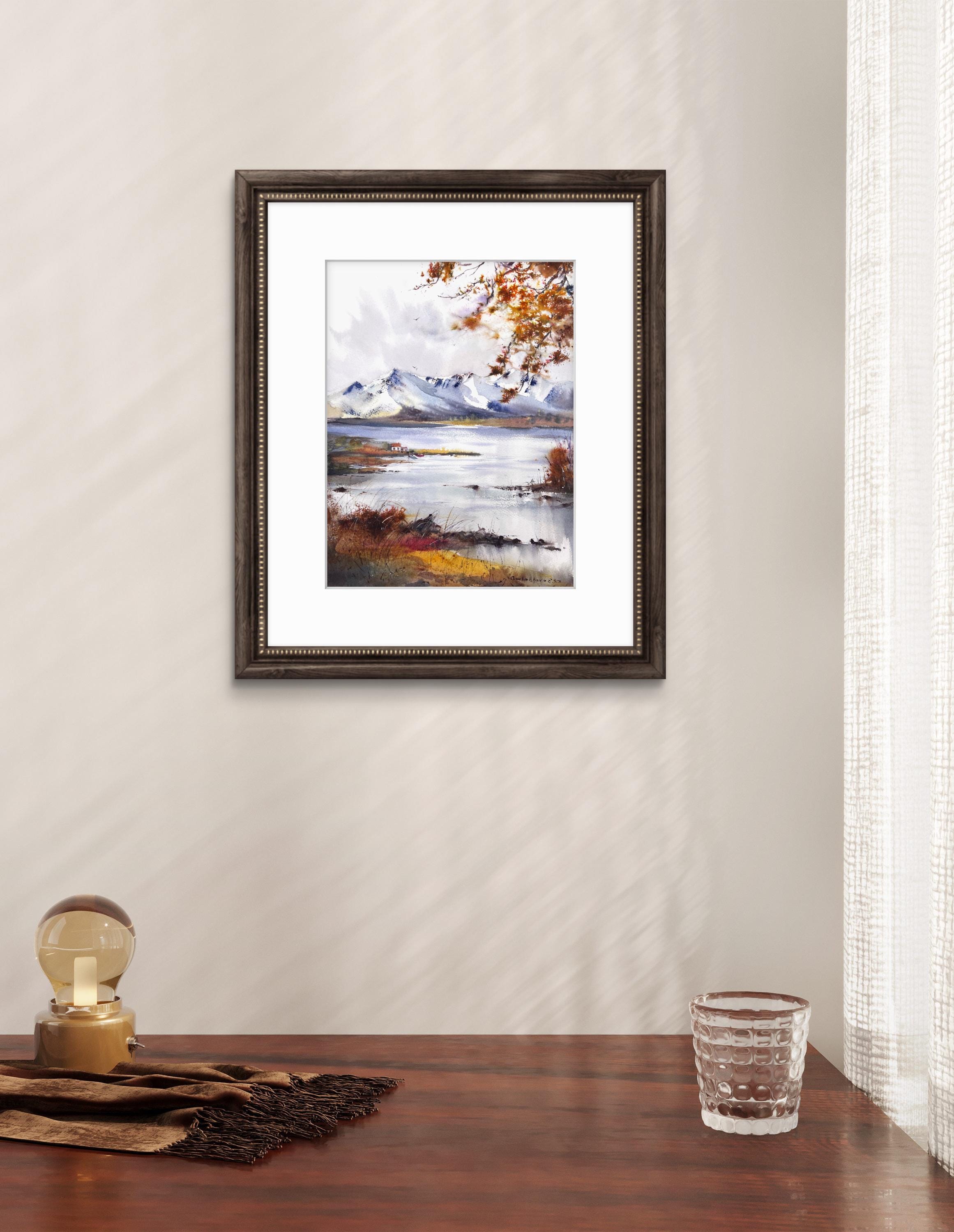 水彩画で描かれた山と湖：秋の風景画（12 x 16インチ） - Etsy 日本