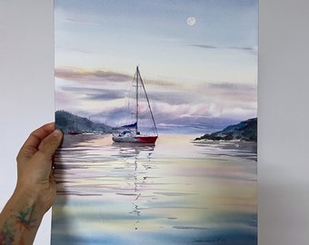 水彩画 風景 帆船37✖️25フレーム無 オリジナル水彩画：帆船の海岸風景画（12 x 16インチ） - Etsy 日本