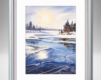 冬の風景 オリジナル水彩画 冬の水彩画 雪景色 木々 凍った川 - Etsy 日本