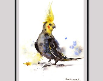 Watercolor Cockatiel Art Print: Yellow & Gray Bird Wall Decor