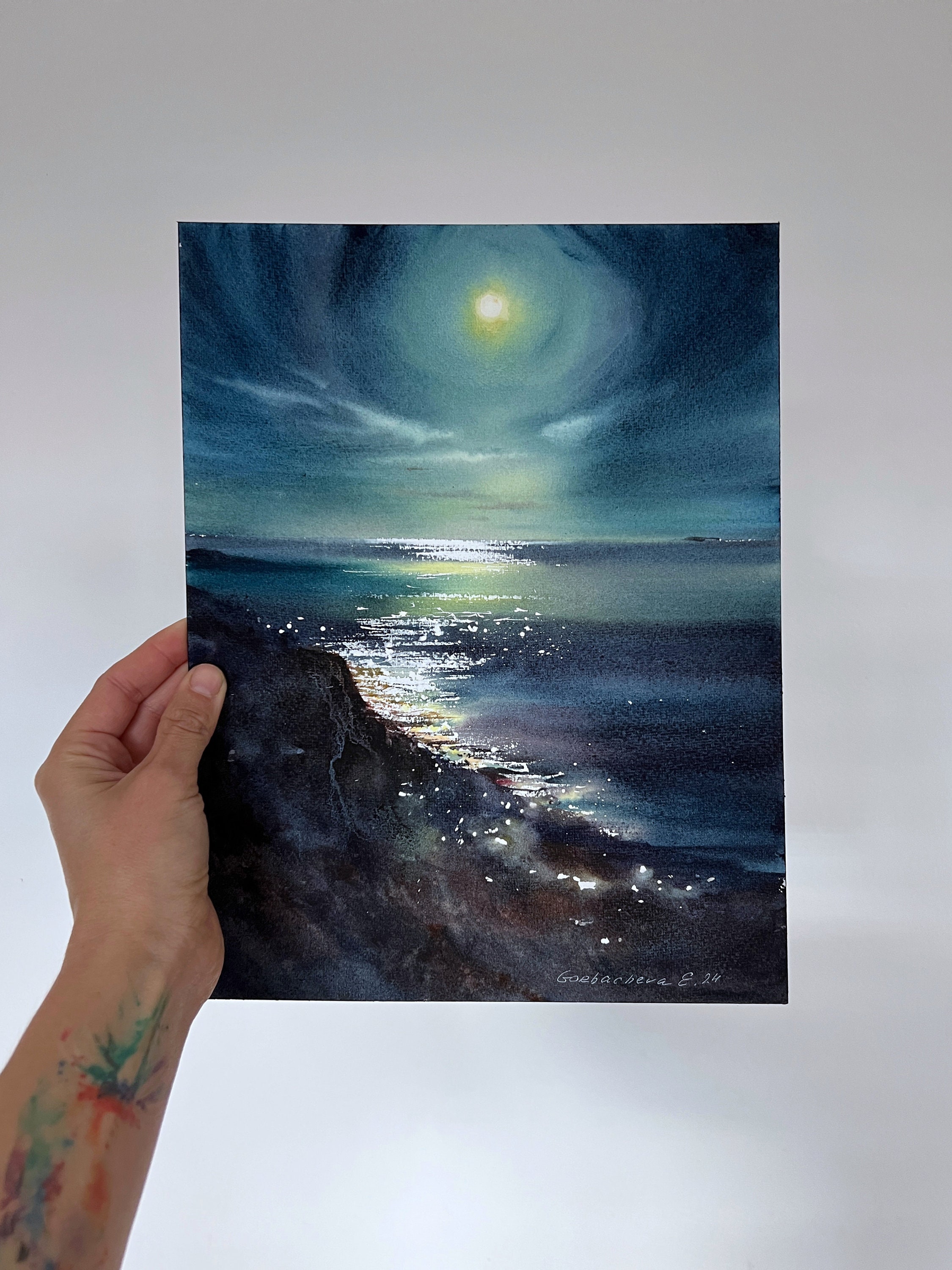 オリジナル水彩画「月光 #12」 - 夜空、満月、海面反射 - Etsy 日本